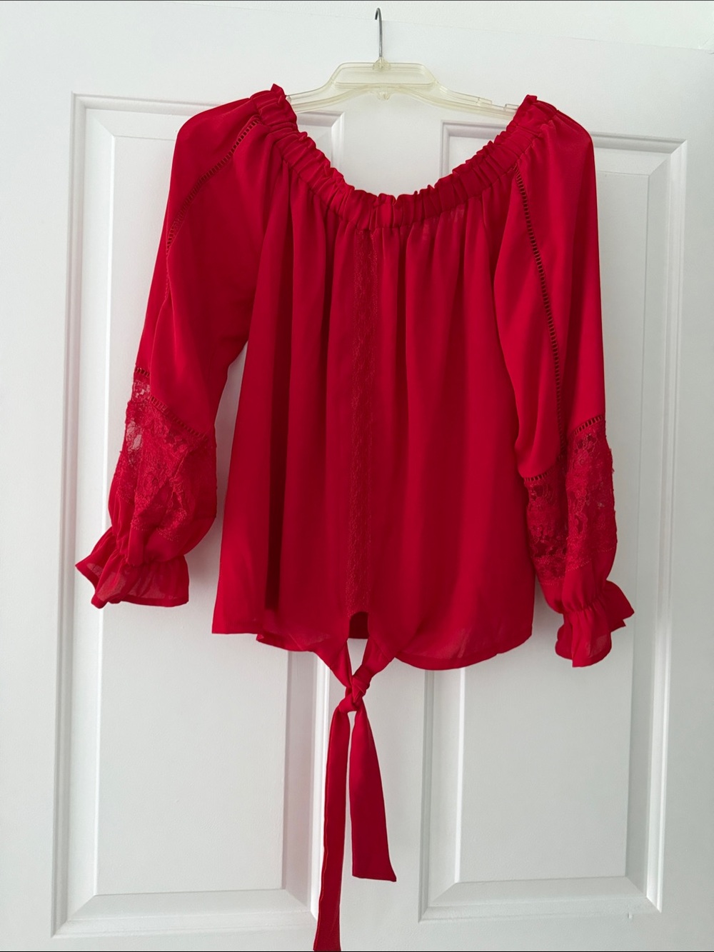 INC International Concepts Red Off-Shoulder Tie-Front Blouse with Lace Sleeves